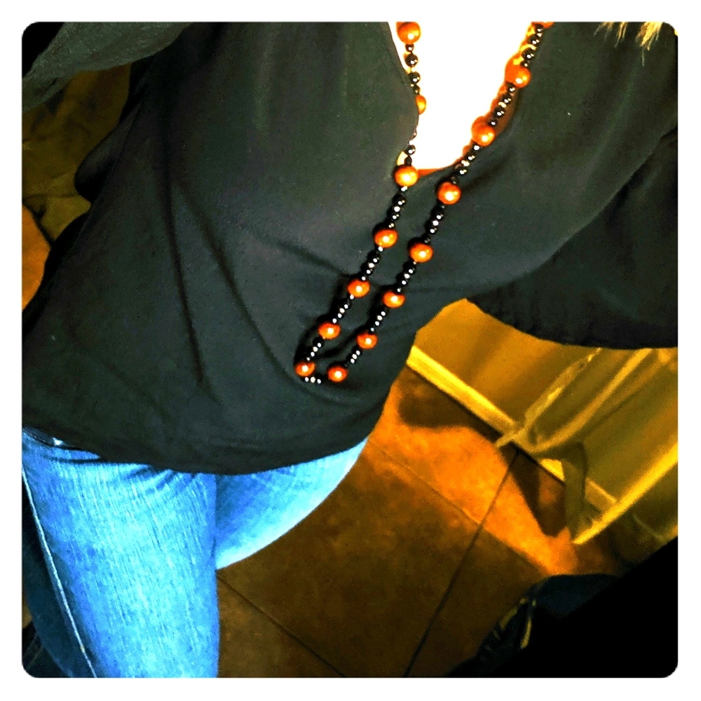 Black Glass & Wooded Beaded Opera Necklace